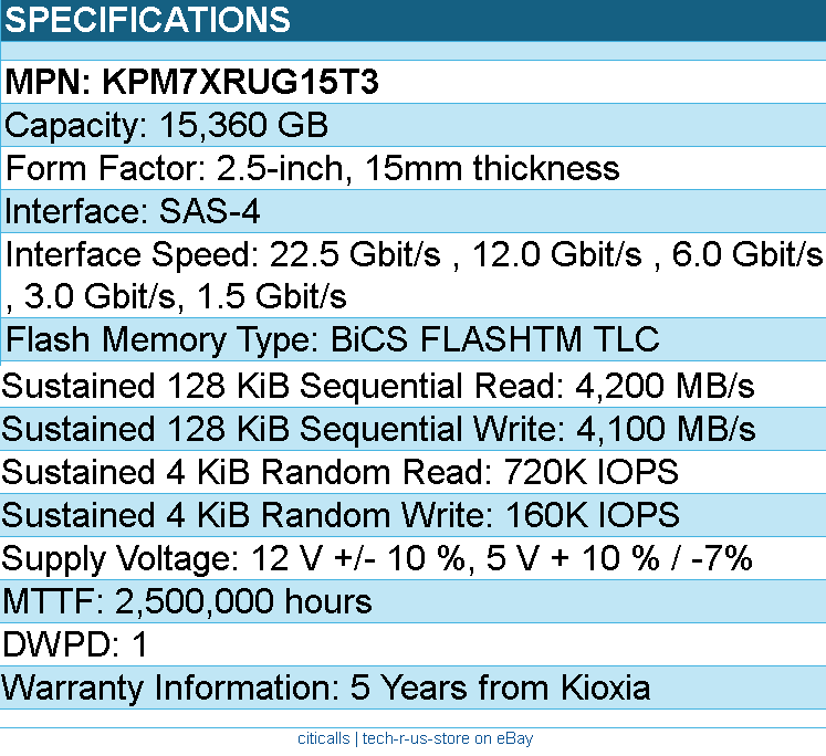 Kioxia KPM7XRUG15T3 SSD - 15.36TB 2.5 SAS PM7-R SDFU081GFB SIE 1 DWPD Bare