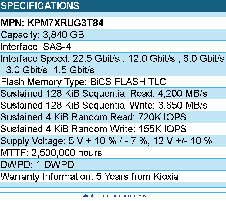 Kioxia KPM7XRUG3T84 SSD - 3.84TB 2.5 SAS PM7-R SDFU084GFB SIE 1 DWPD Bare