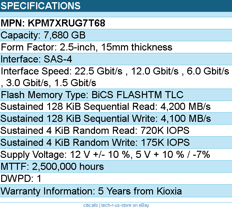 Kioxia KPM7XRUG7T68 SSD - 7.68TB 2.5 SAS PM7-R SDFU083GFB SIE 1 DWPD Bare