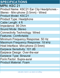 Koss KSC21 Ear Clip Headphones - Stereo - Mini-phone (3.5mm) - Wired