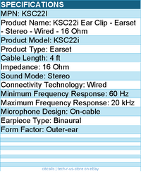 Koss KSC22i Ear Clip - Earset - Stereo - Wired - 16 Ohm - 60 Hz to 20 kHz