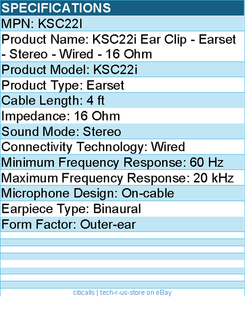 Koss KSC22i Ear Clip - Earset - Stereo - Wired - 16 Ohm - 60 Hz to 20 kHz