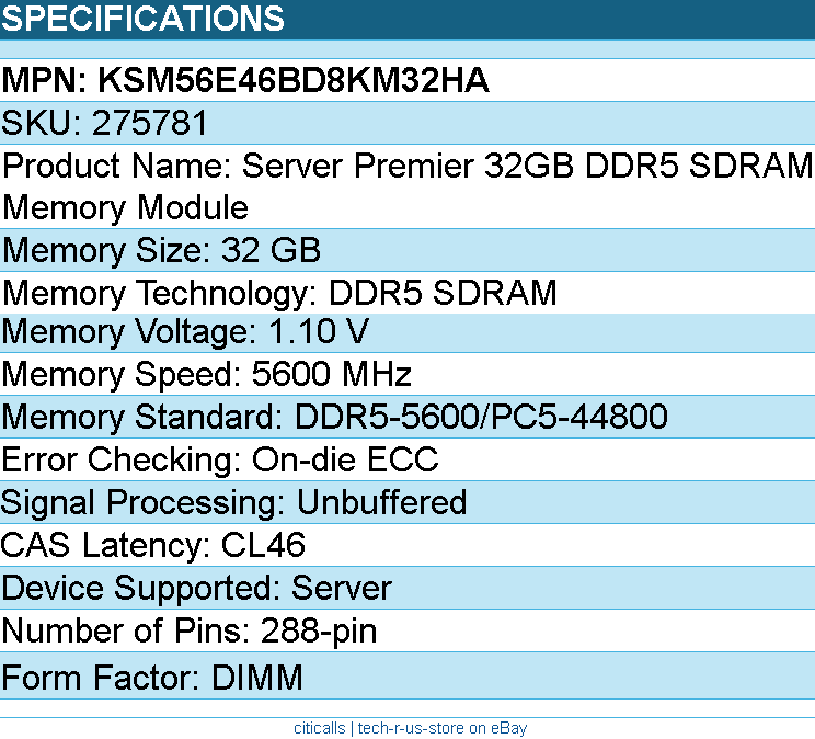 Kingston KSM56E46BD8KM-32HA Server Premier 32GB DDR5 SDRAM Memory Module