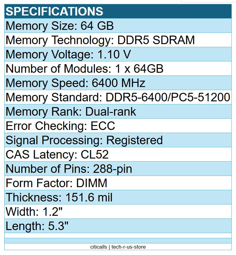 Kingston KSM64R52BD4-64MD 64GB DDR5-6400 PC5-51200 288pin ECC DIMM Memory RAM