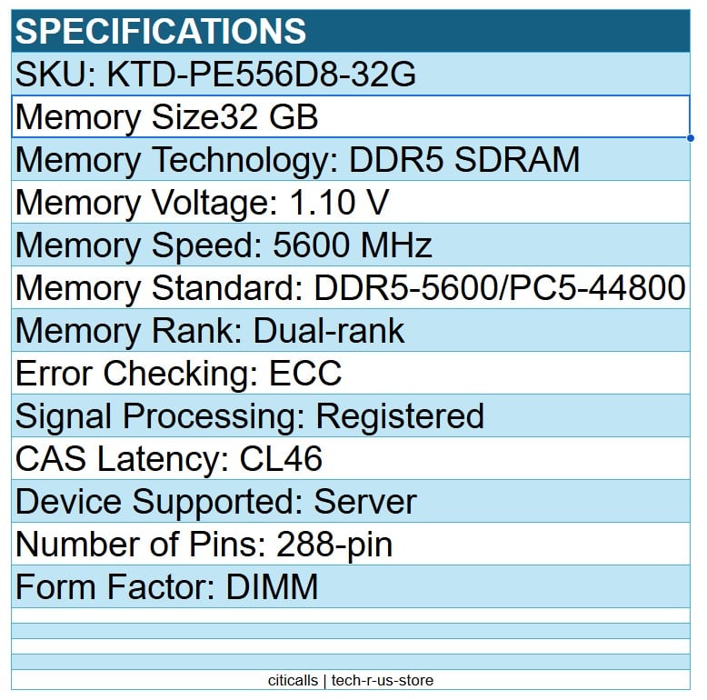 Kingston KTD-PE556D8-32G 32GB DDR5-5600 PC5-44800 288pin ECC DIMM Memory RAM