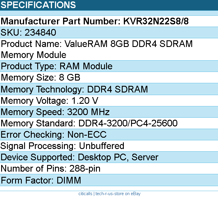Kingston KVR32N22S8/8 Memory - 8GB 3200MHz DDR4 Non-ECC CL22 DIMM 1Rx8 Retail