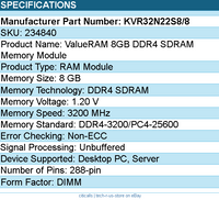 Kingston KVR32N22S8/8 Memory - 8GB 3200MHz DDR4 Non-ECC CL22 DIMM 1Rx8 Retail