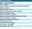 Kingston KVR32S22D8/16 Memory - 16 16GB 3200MHz DDR4 Non-ECC CL22 SODIMM