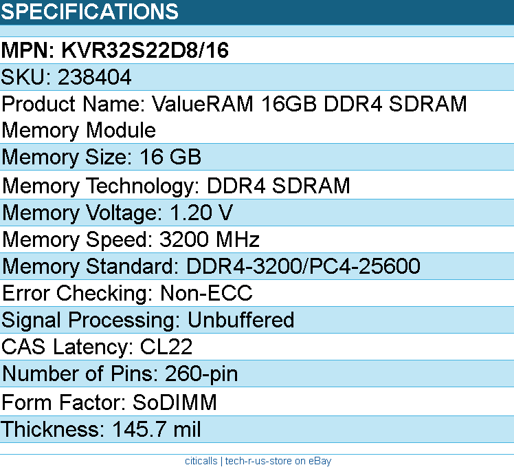 Kingston KVR32S22D8/16 Memory - 16 16GB 3200MHz DDR4 Non-ECC CL22 SODIMM