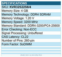 Kingston KVR32S22S6/4 4GB ValueRAM DDR4 3200 PC4-25600 260pin SoDIMM Memory RAM