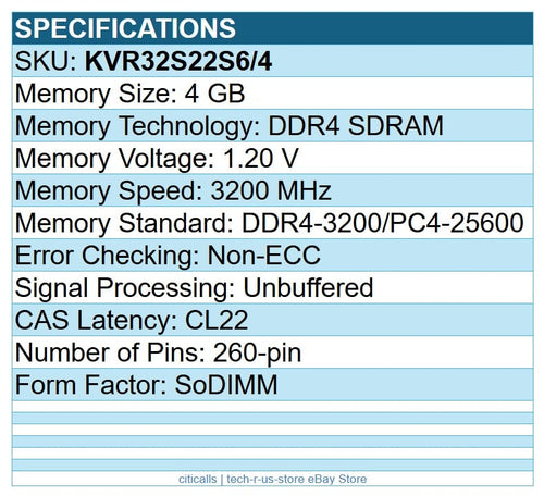 Kingston KVR32S22S6/4 4GB ValueRAM DDR4 3200 PC4-25600 260pin SoDIMM Memory RAM