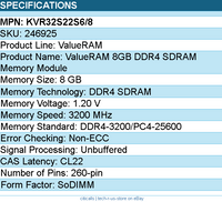Kingston KVR32S22S6/8 ValueRAM 8GB DDR4 SDRAM Memory Module - 3200 MHz