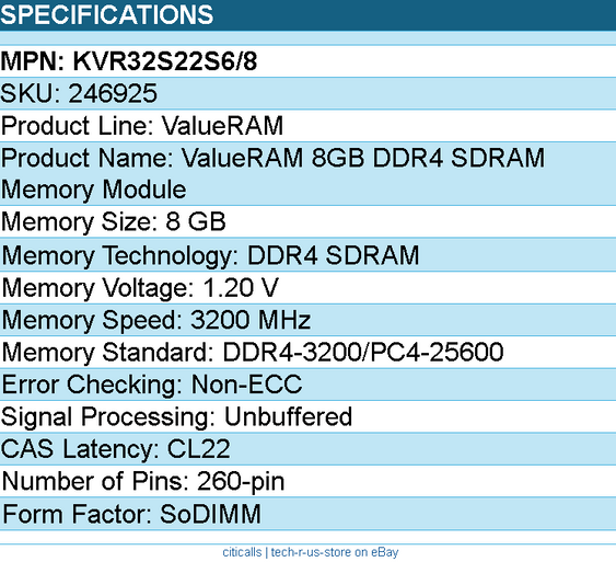 Kingston KVR32S22S6/8 ValueRAM 8GB DDR4 SDRAM Memory Module - 3200 MHz