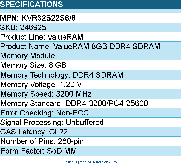Kingston KVR32S22S6/8 ValueRAM 8GB DDR4 SDRAM Memory Module - 3200 MHz