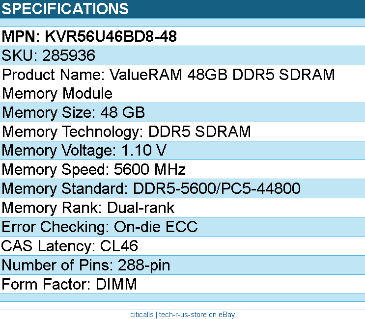 Kingston KVR56U46BD8-48 ValueRAM 48GB DDR5 SDRAM Memory Module