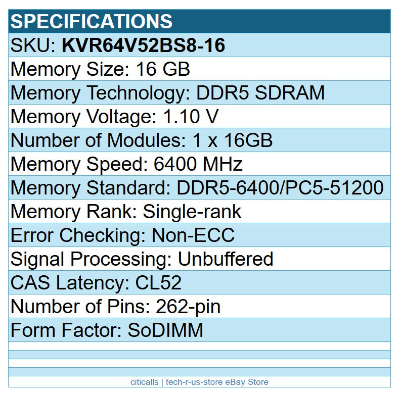 Kingston KVR64V52BS8-16 16GB ValueRAM DDR5 6400 PC5-51200 262p SoDIMM Memory RAM