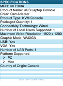 Black Box KVT100A USB Laptop Console Crash Cart Adapter - KVM Console