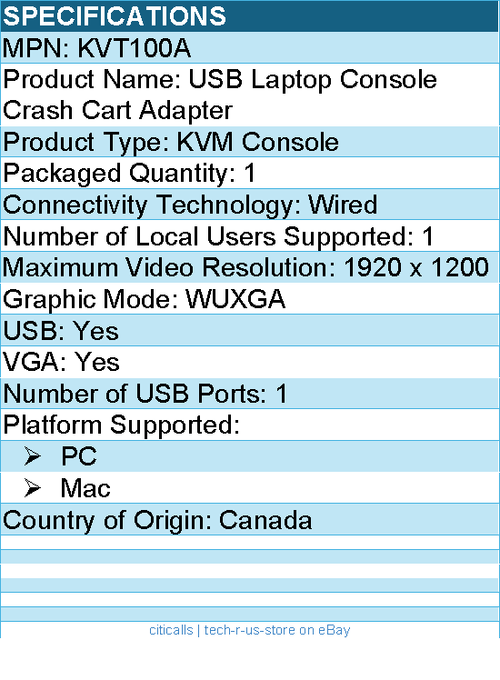 Black Box KVT100A USB Laptop Console Crash Cart Adapter - KVM Console