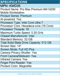 Dell KWD35 Pro Max Premium MA14250 14" Mobile Workstation - Full HD Plus