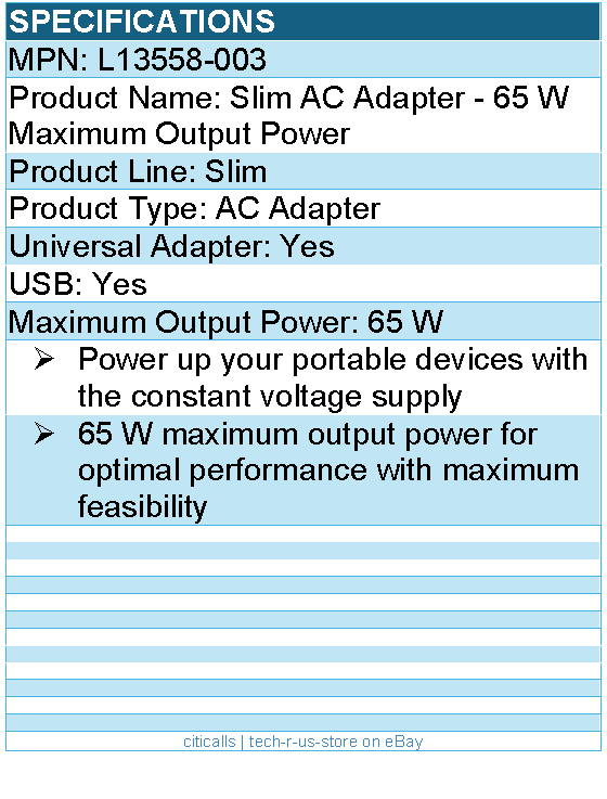 HPI L13558-003 Slim AC Adapter - 65 W Maximum Output Power