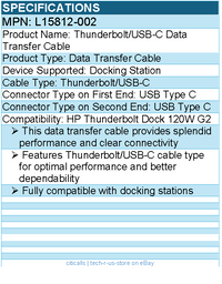 HPI L15812-002 Thunderbolt/USB-C Data Transfer Cable For Thunderbolt Dock 120W