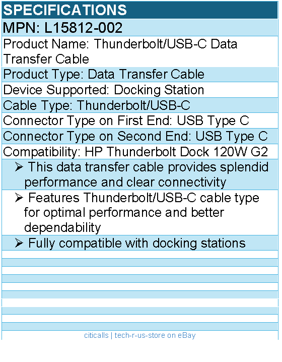 HPI L15812-002 Thunderbolt/USB-C Data Transfer Cable For Thunderbolt Dock 120W