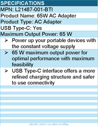 BTI L21487-001-BTI 65W TYPE-C AC ADAPTER - Compatible OEM: L21487-001