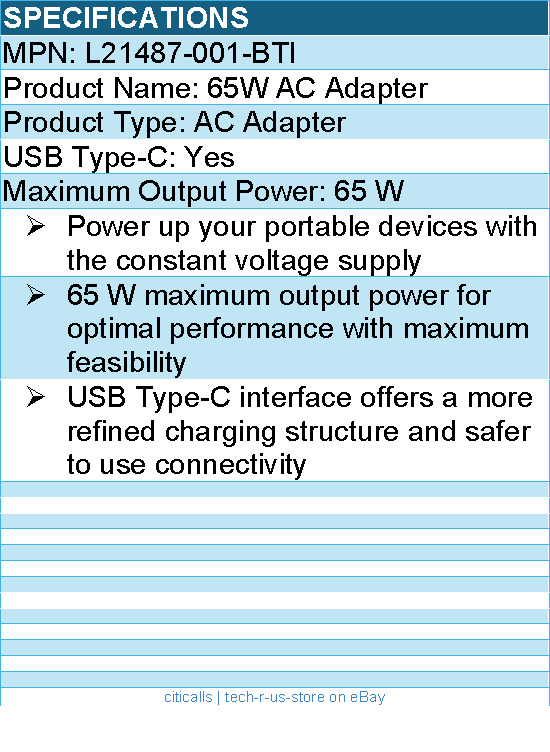 BTI L21487-001-BTI 65W TYPE-C AC ADAPTER - Compatible OEM: L21487-001