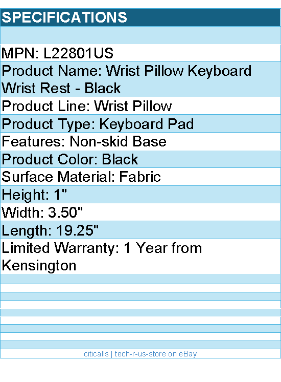 Kensington L22801US Wrist Pillow Keyboard Wrist Rest - Black
