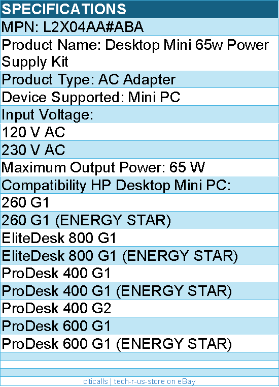 HP L2X04AA#ABA HP Desktop Mini 65w Power Supply Kit - 65 W - 120 V AC, 230 V AC