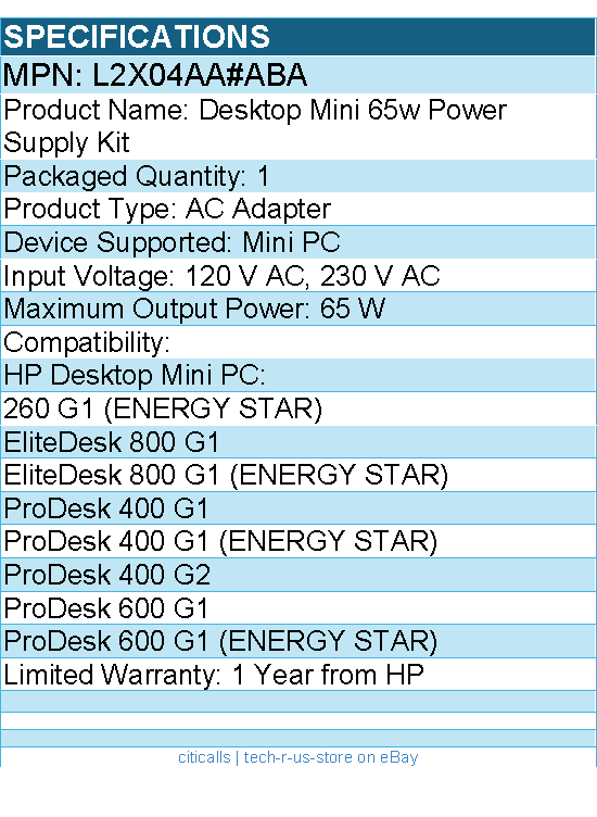 HP L2X04AA#ABA Desktop Mini 65w Power Supply - 120 V AC, 230 V AC Input