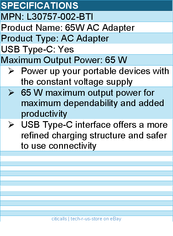 BTI L30757-002-BTI 65W TYPE-C AC ADAPTER - Compatible OEM: L30757-002