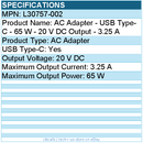 HPI L30757-002 AC Adapter - USB Type-C - 65 W - 20 V DC Output - 3.25 A