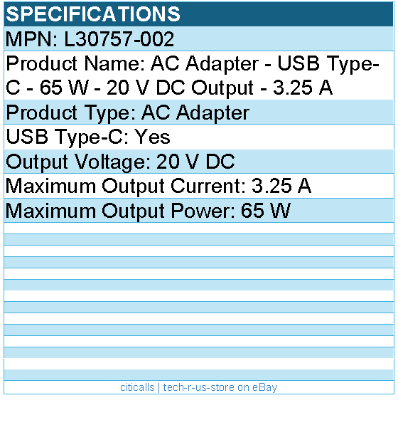 HPI L30757-002 AC Adapter - USB Type-C - 65 W - 20 V DC Output - 3.25 A