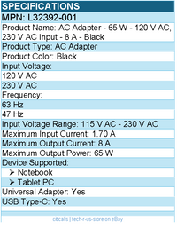 HPI L32392-001 AC Adapter - 65 W - 120 V AC, 230 V AC Input - 8 A - Black