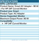 HPI L39754-003 Smart AC Adapter - 90 W - For HP 34F Curved Monitor