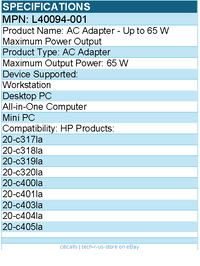 HPI L40094-001 AC Adapter - Up to 65 W Maximum Power Output