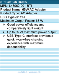 BTI L45962-001-BTI 65W TYPE-C AC ADAPTER - Compatible OEM: L45962-001