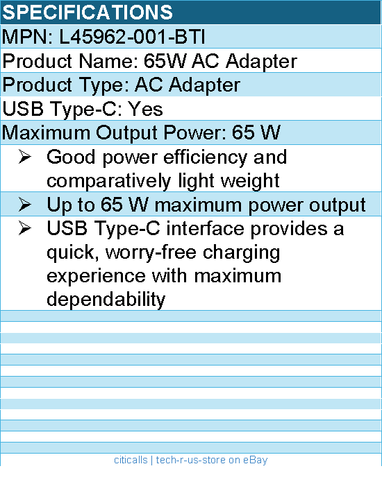 BTI L45962-001-BTI 65W TYPE-C AC ADAPTER - Compatible OEM: L45962-001