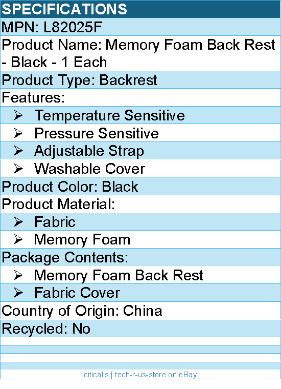 Kensington L82025F Memory Foam Back Rest - Black - 1 Each