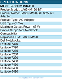 BTI LA65NM190-BTI 65W Type-C AC ADAPTER FOR LATITUDE 7370, 7390, 7275, 7280