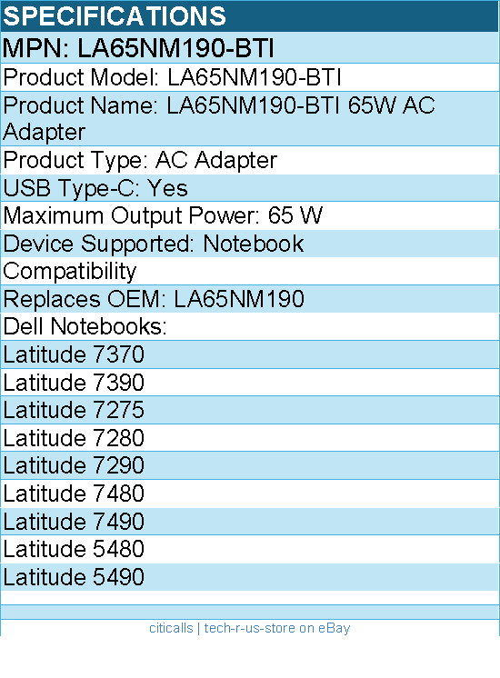 BTI LA65NM190-BTI 65W Type-C AC ADAPTER FOR LATITUDE 7370, 7390, 7275, 7280