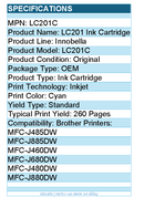 Brother LC201C  Genuine Innobella Cyan Ink Cartridge - 260 Pages - 1 Each