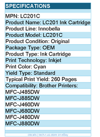 Brother LC201C  Genuine Innobella Cyan Ink Cartridge - 260 Pages - 1 Each
