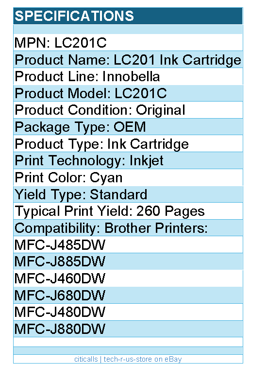 Brother LC201C  Genuine Innobella Cyan Ink Cartridge - 260 Pages - 1 Each
