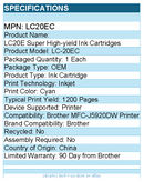 Brother LC20EC Genuine INKvestment Super High Yield Cyan Ink Cartridge