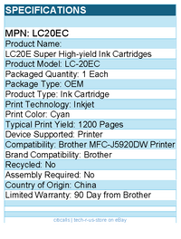 Brother LC20EC Genuine INKvestment Super High Yield Cyan Ink Cartridge