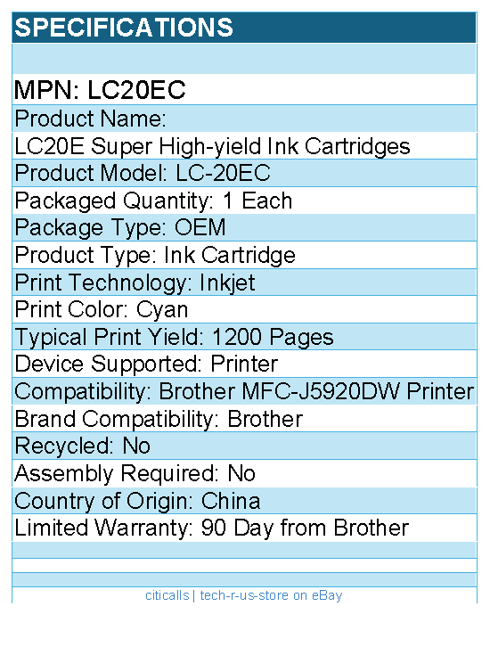 Brother LC20EC Genuine INKvestment Super High Yield Cyan Ink Cartridge