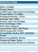 Brother LC20EM  Genuine INKvestment Super High Yield Magenta Ink Cartridge