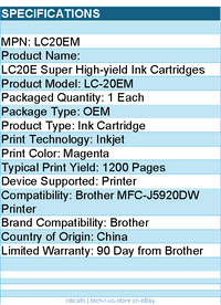 Brother LC20EM  Genuine INKvestment Super High Yield Magenta Ink Cartridge